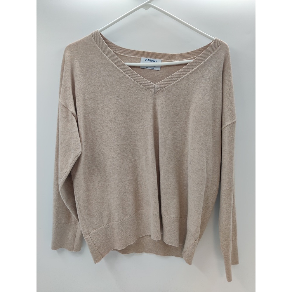 Old Navy Womens Medium Tan V-Neck Sweater Long Sleeve Relaxed Fit Cotton Blend